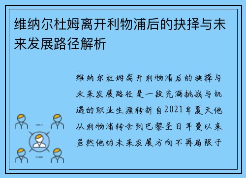 维纳尔杜姆离开利物浦后的抉择与未来发展路径解析