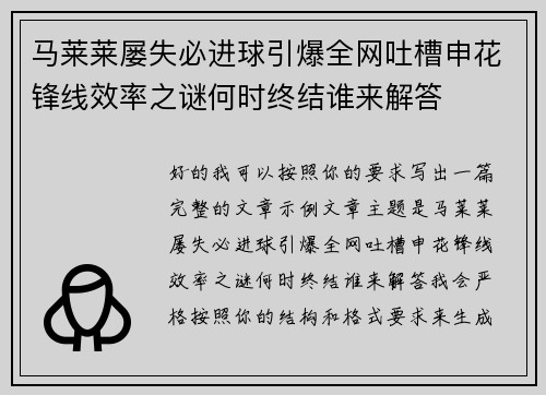 马莱莱屡失必进球引爆全网吐槽申花锋线效率之谜何时终结谁来解答